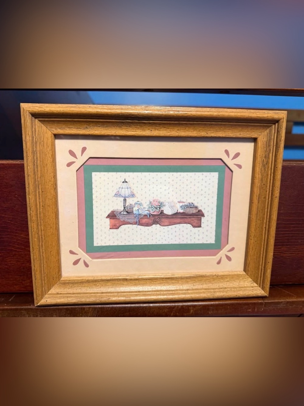Vintage Framed Wall Art with Pink and Green Matting